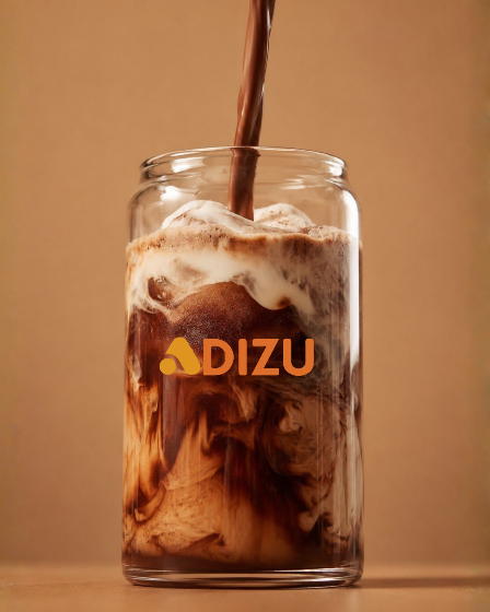 A clear glass can-shaped tumbler with the brand name 'ADIZU' printed in orange on the front, filled with a layered iced coffee drink and topped with whipped cream, against a warm tan background.